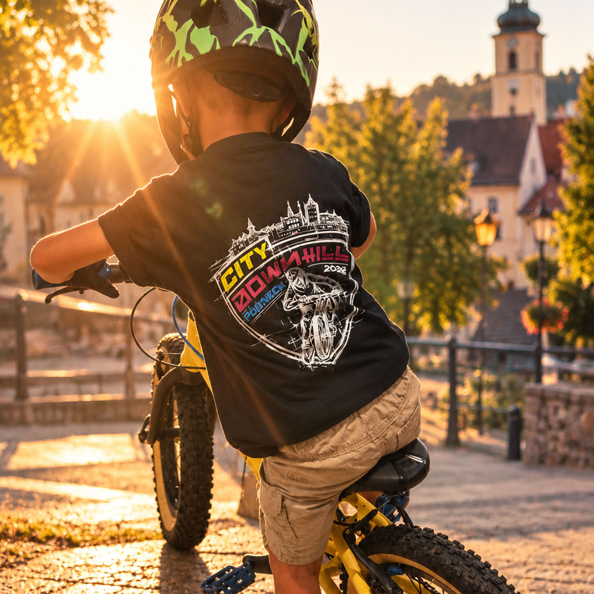 Kinder-T-Shirt City Downhill Pößneck 2026 schwarz – Rückenprint mit Wappen, Kind auf dem Fahrrad in der Altstadt